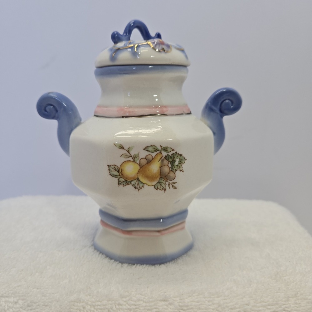 Vintage Footed Apothecary Jar Blue Floral Pattern Cottagecore Grannycore